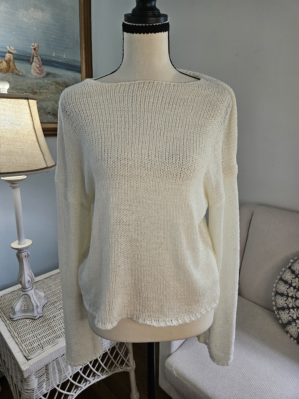 Women's Cream Crewneck Lightweight Knit Sweater